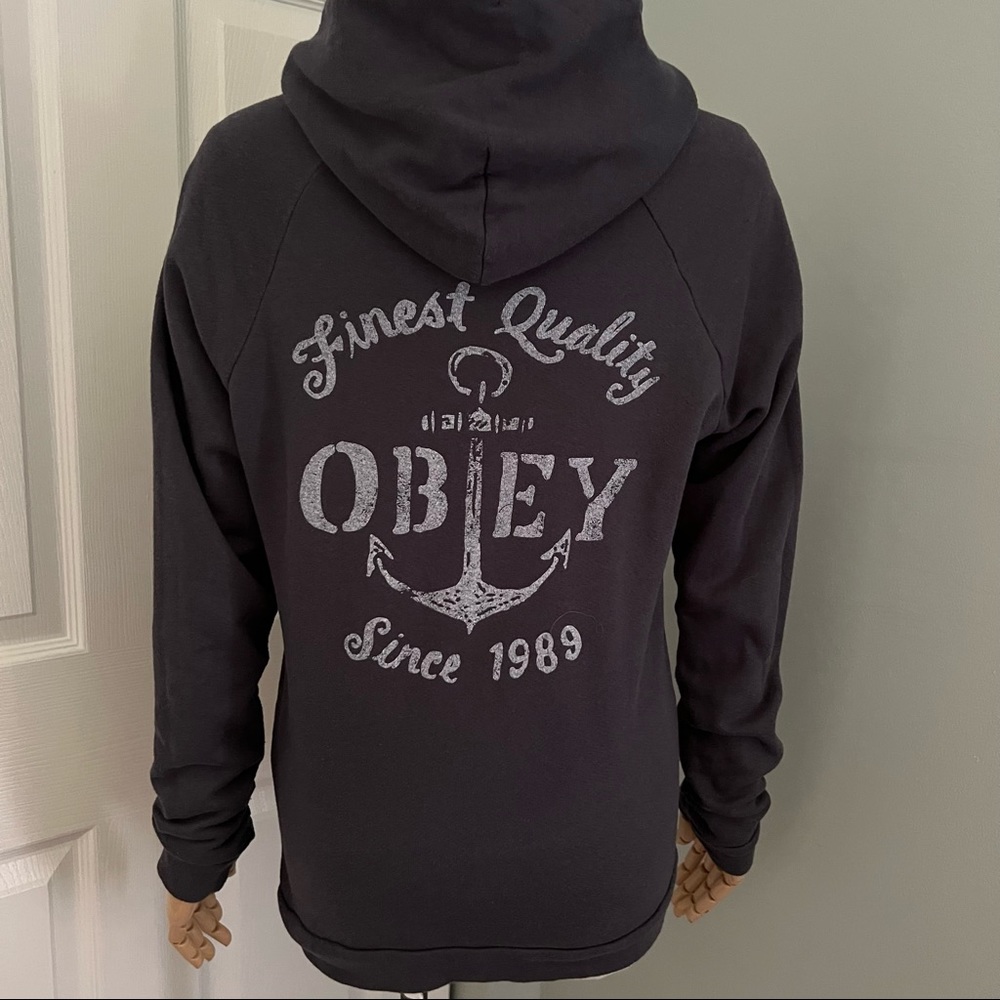 Obey Well Worn Thrashed Thumb Hole Navy Anchor Hoodie Size M - Picture 6 of 16